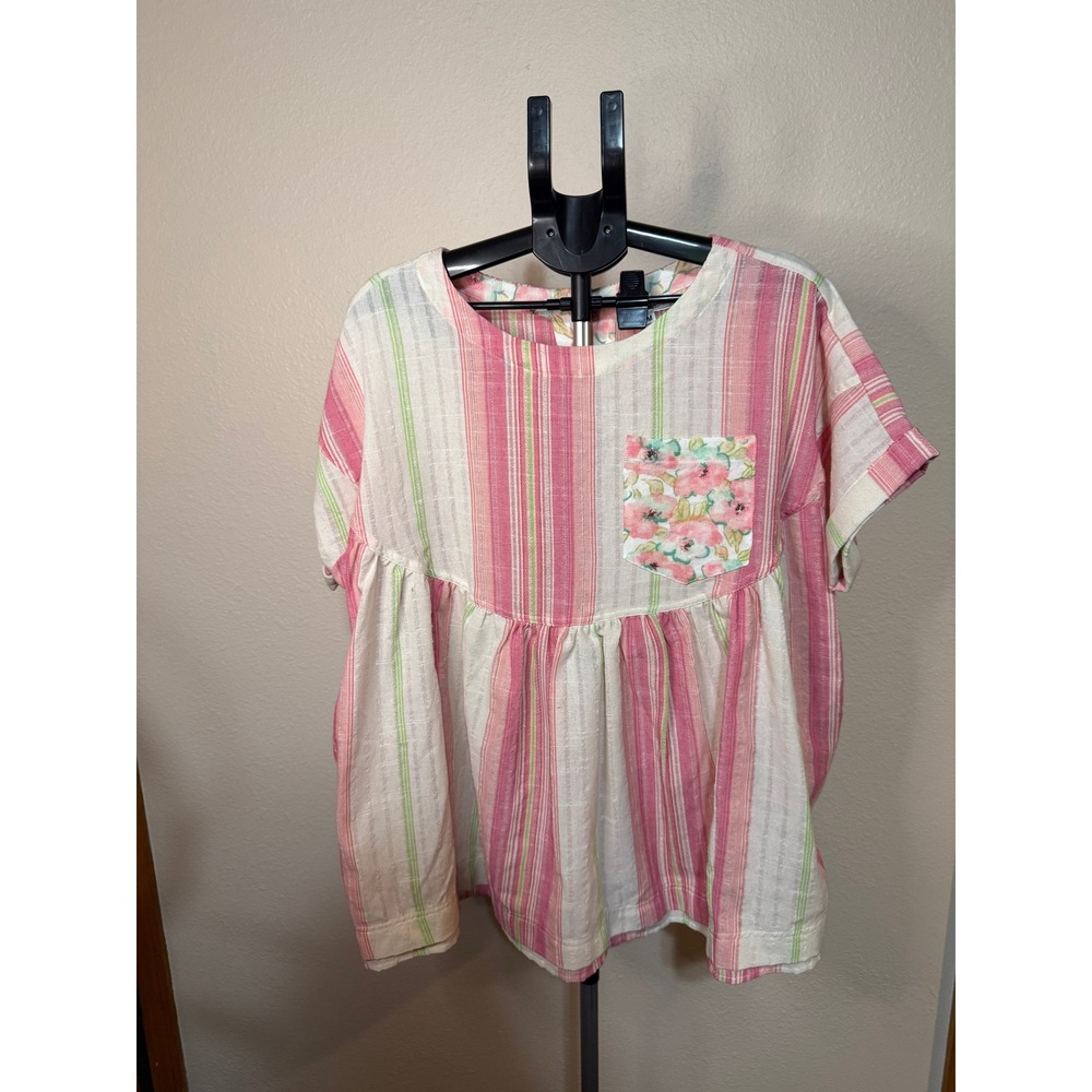 Sage + Fig Pink Striped Babydoll Top Floral Pocket Blouse Medium ST7080